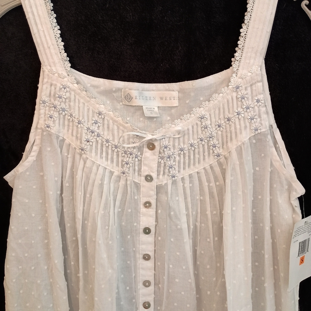 NWT Eileen West Sleeveless Short Nightgown S Gown White Swiss Dot Cotton Lawn